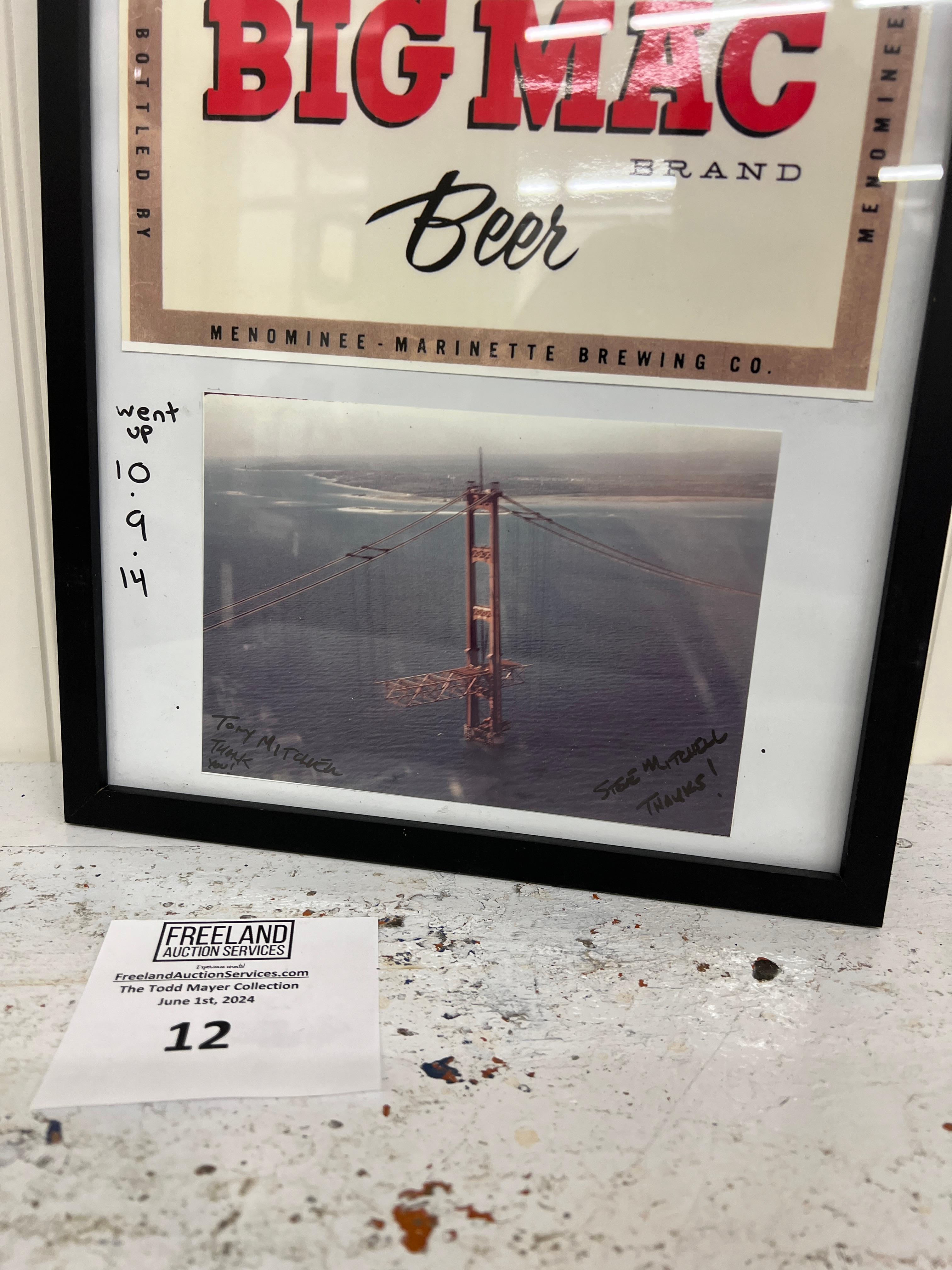 Big Mac Beer Brand Menominee Marinette Brewing Co. Framed pic of Mackinac Bridge being completed