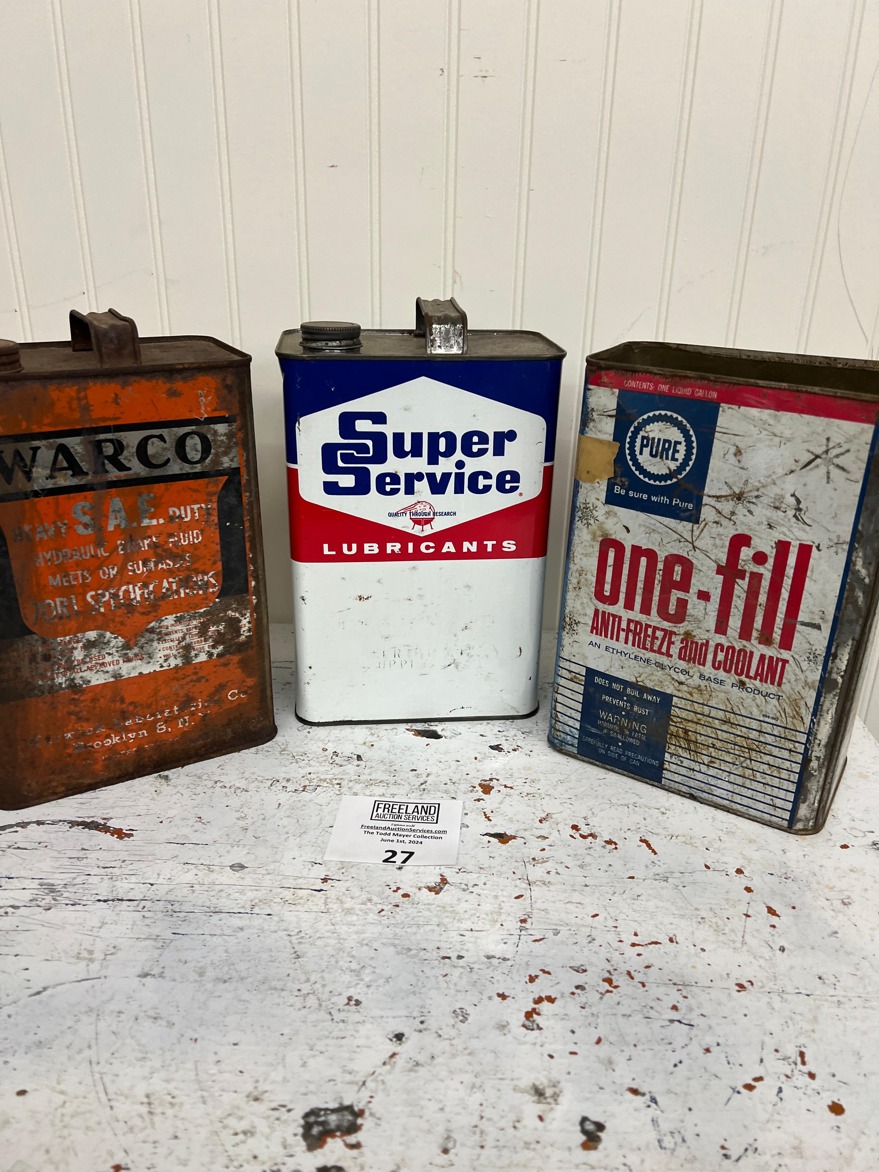 Three Advertising Gas Motor Oil Cans PURE, Super Service, WARCO