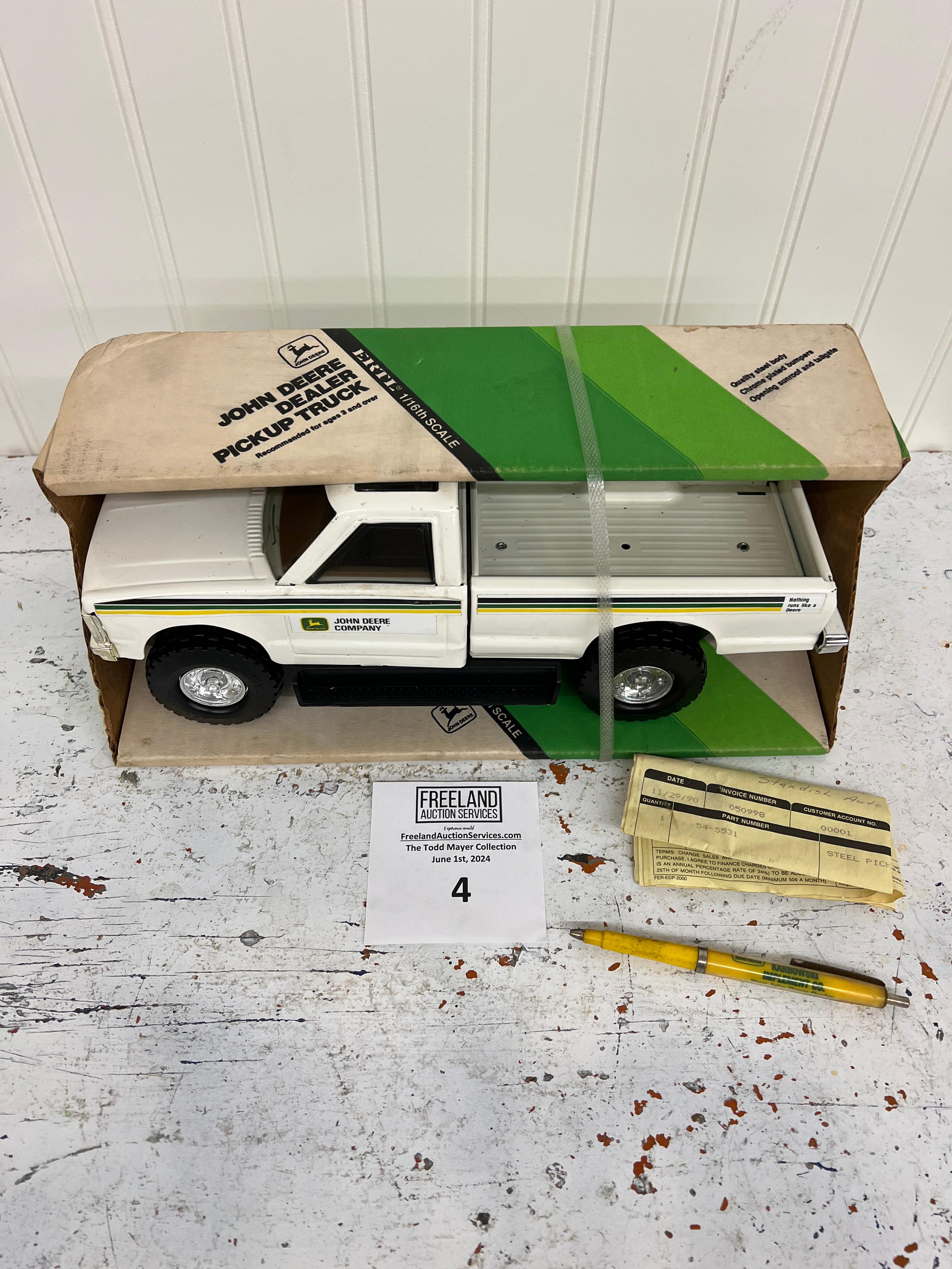 John Deere Dealer Pickup Truck ERTL 1/16th Scale 1990 with Karbowski Implement Pen