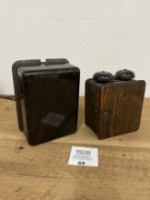 Pair of antique telephone extension bell boxes one Oak and one metal