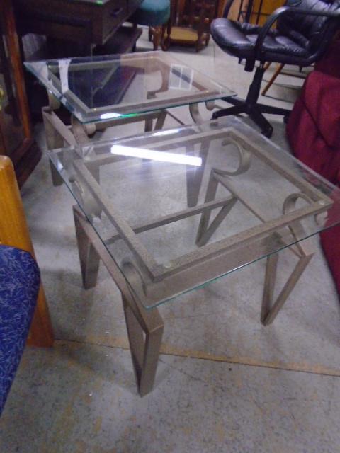 2 Matching Metal Base Beveled Glass Top Side Tables