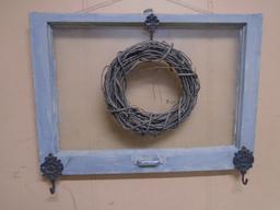 Antique Painted & Decorated Wood Frame Window w/ 3 Iron Hooks