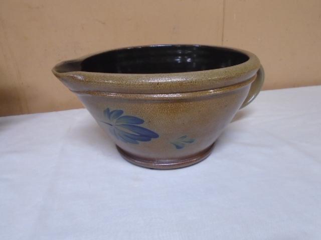 Beautiful Rowe Pottery Salt Glazed Cobalt Crock Mixing Bowl w/ our Spout & Handle