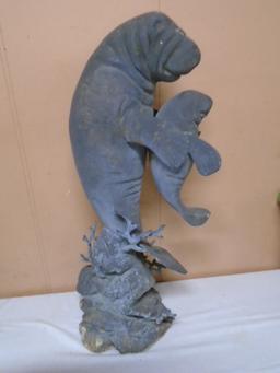 Large Metal Manatee Statue w/ Baby