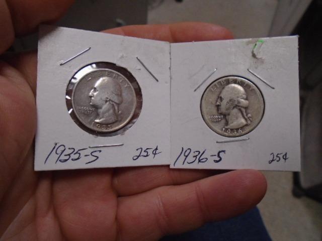 1935 S Mint & 1936 S Mint Silver Washington Quarters
