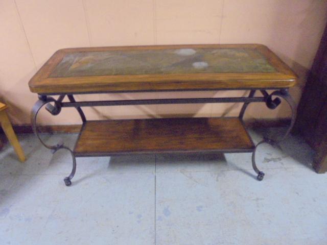 Beautiful Oak & Iron Slate Inlayed Top Sofa Table