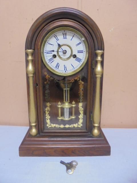 Antique Wood Case Wind-Up "Round Gothic" Spring Driven Clock