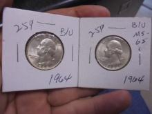 (2) 1964 Silver Washington Quarters