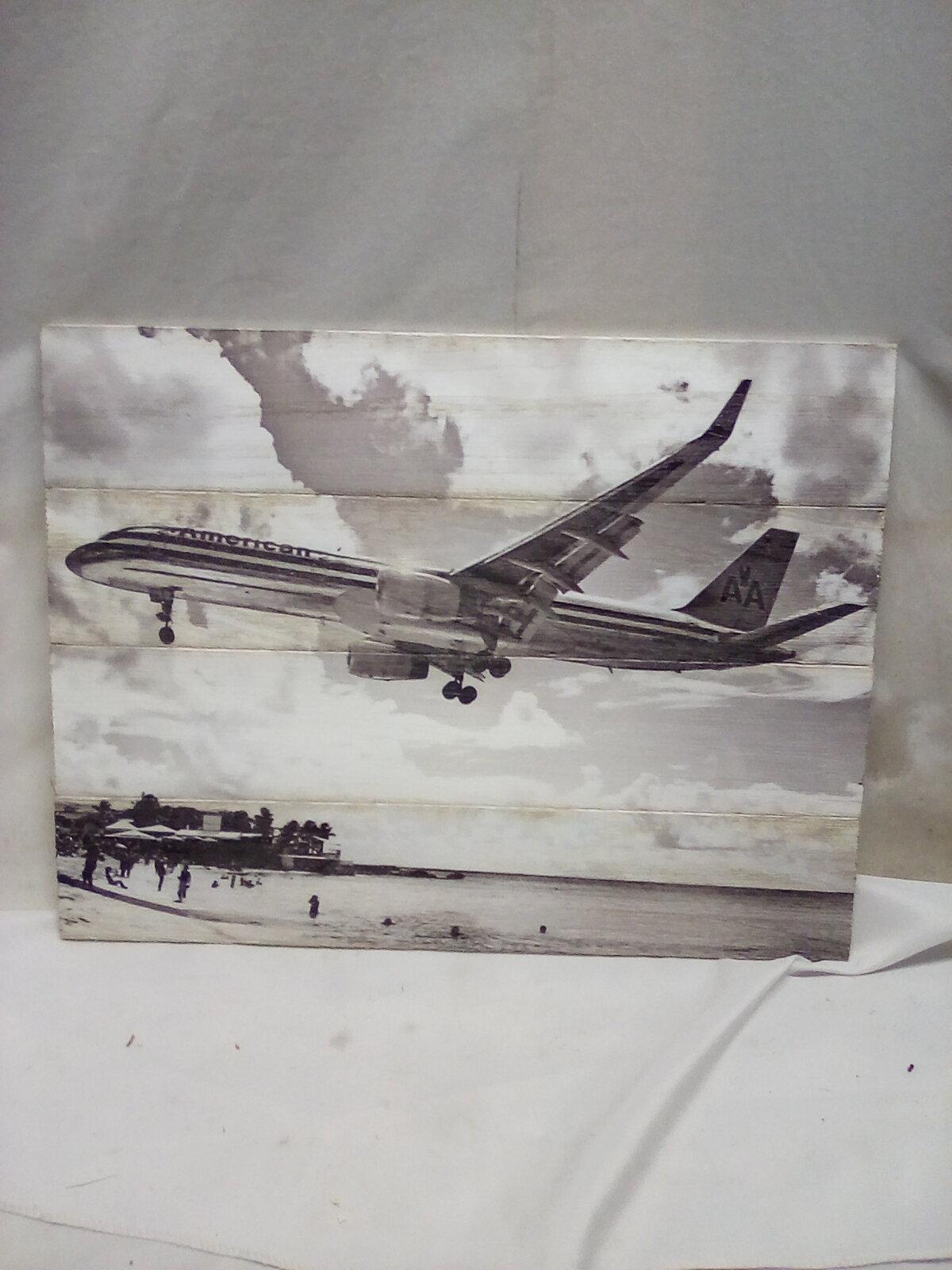 16” x 13” Black & White Plane Over Beach Photo on Board Print.