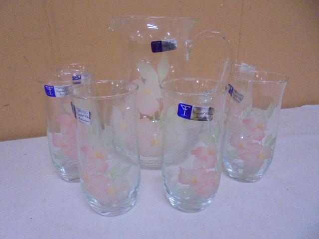 Beautiful Handcrafted and Hand Painted Crystal Pitcher w/5 Matching Glasses