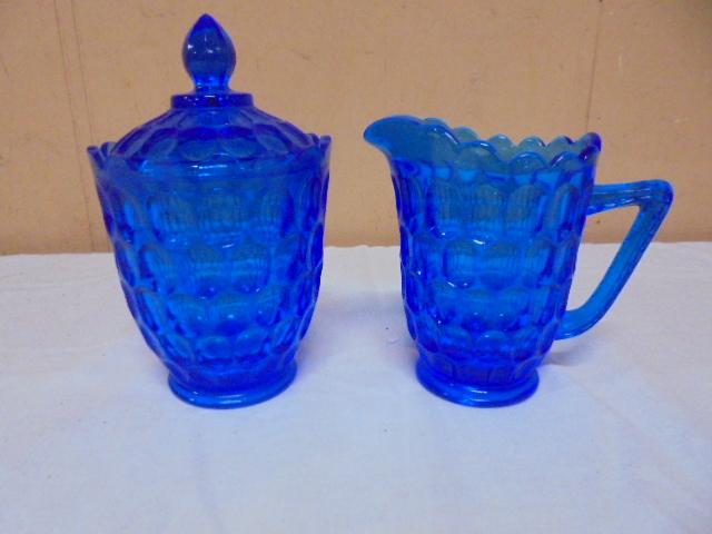 Vintage Fenton Cobalt Colonial Blue Thumbprint Creamer & Sugar