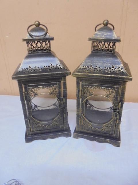 2 Matching Metal & Glass Candle Lanterns