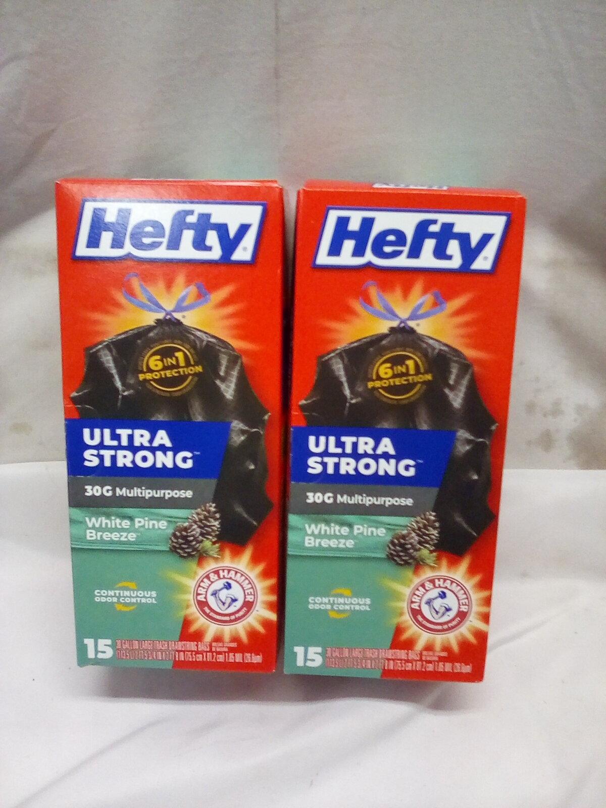 Hefty White Pine Breeze Scented 30 Gallon Trash Bags. Qty 2- 15 Count.