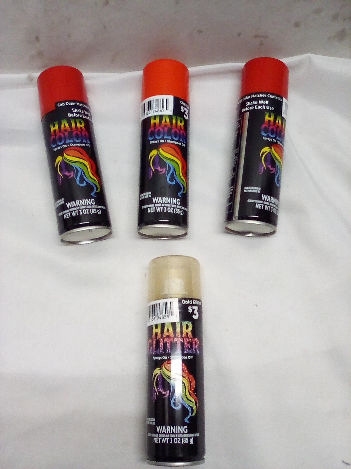 Hair Color & Glitter Spray. Qty 2 Red, Qty 1 Orange, & Qty 1 Gold Glitter.