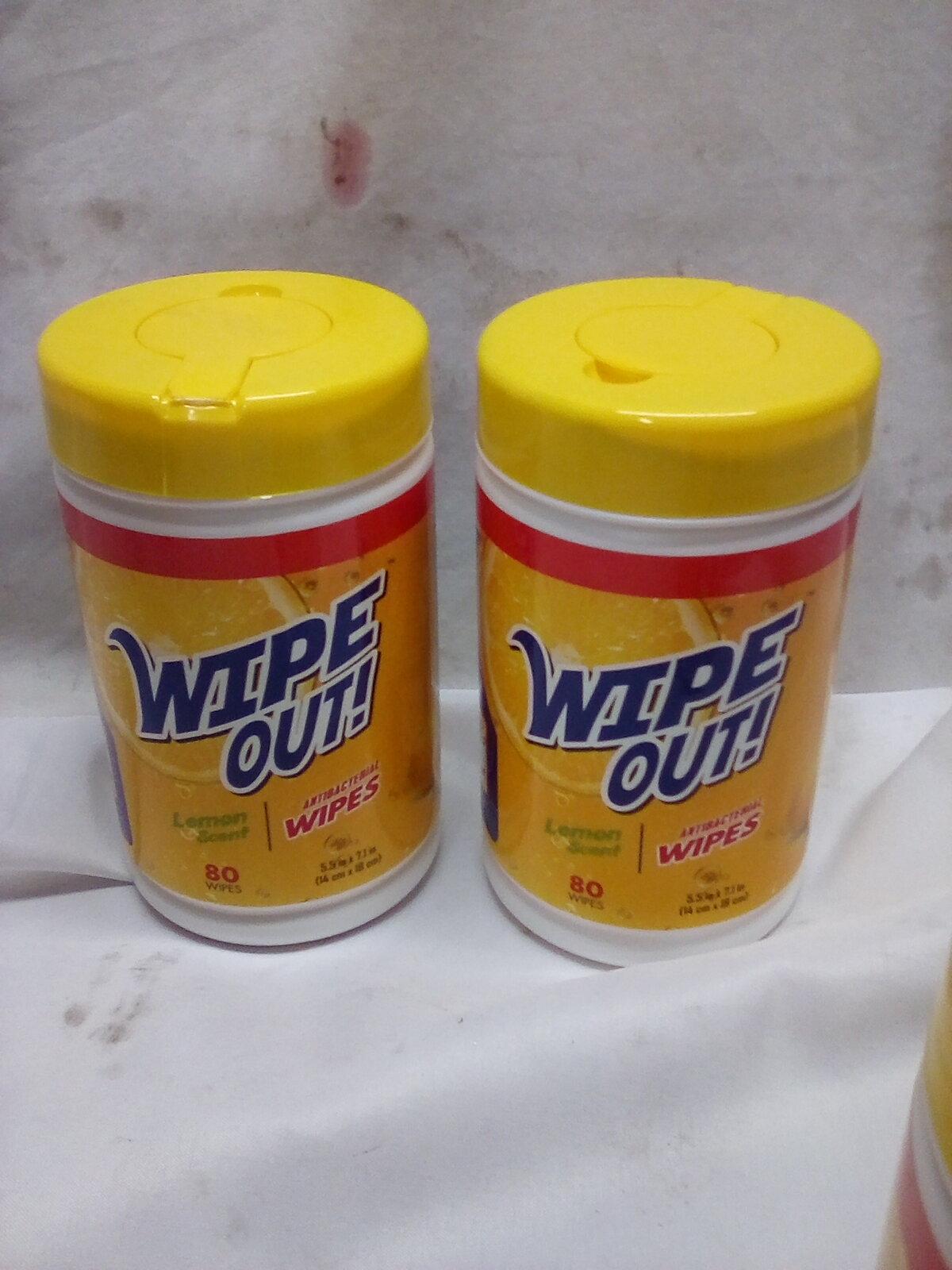 Wipe Out Lemon Scented Antibacterial Wipes. Qty 2- 80 Packs.