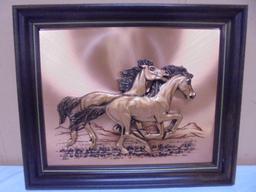 Vintage Copper Running Horses Framed Wall Art