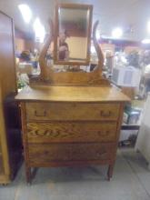 Antique Solid Oak 3 Drawer Dresser w/ Mirror