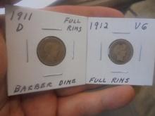 1911 & 1912 Silver Barber Dimes