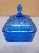 Vintage Indiana Tiara Blue Glass Honey Bee Hive Covered Candy Dish