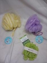 3Pc Loofa Lot- 1 Lavender, 1 Yellow, 1 Dual Cleansing Exfoliating Puff
