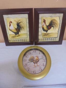 2 Framed Chicken Wall Art & Chicken Clock