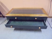 Solid Wood Glass Top Display Case Coffee Table w/ Drawer