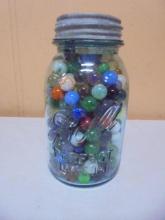 Vintage Blue Glass Quart Ball Jar Full of Marbles