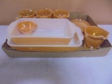 9pc Group of Assorted Fire King Peach Luster Baking Dishes & More