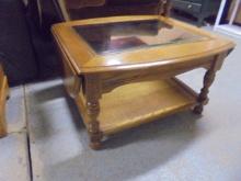 Solid Oak Drop Leaf End Table w/ Glass Insert in Top