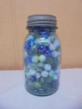 Vintage Blue Glass Quart Ball Jar Full of Marbles