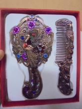 Ladies Jeweled Peacock Mirror & Comb Set