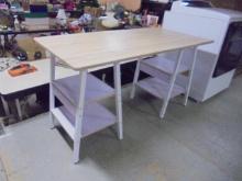 Wooden Table w/ 2 Ladder Style Pedistals w/ Shelves