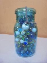 Blue Glass Ball Quart Jar Full of Marbles