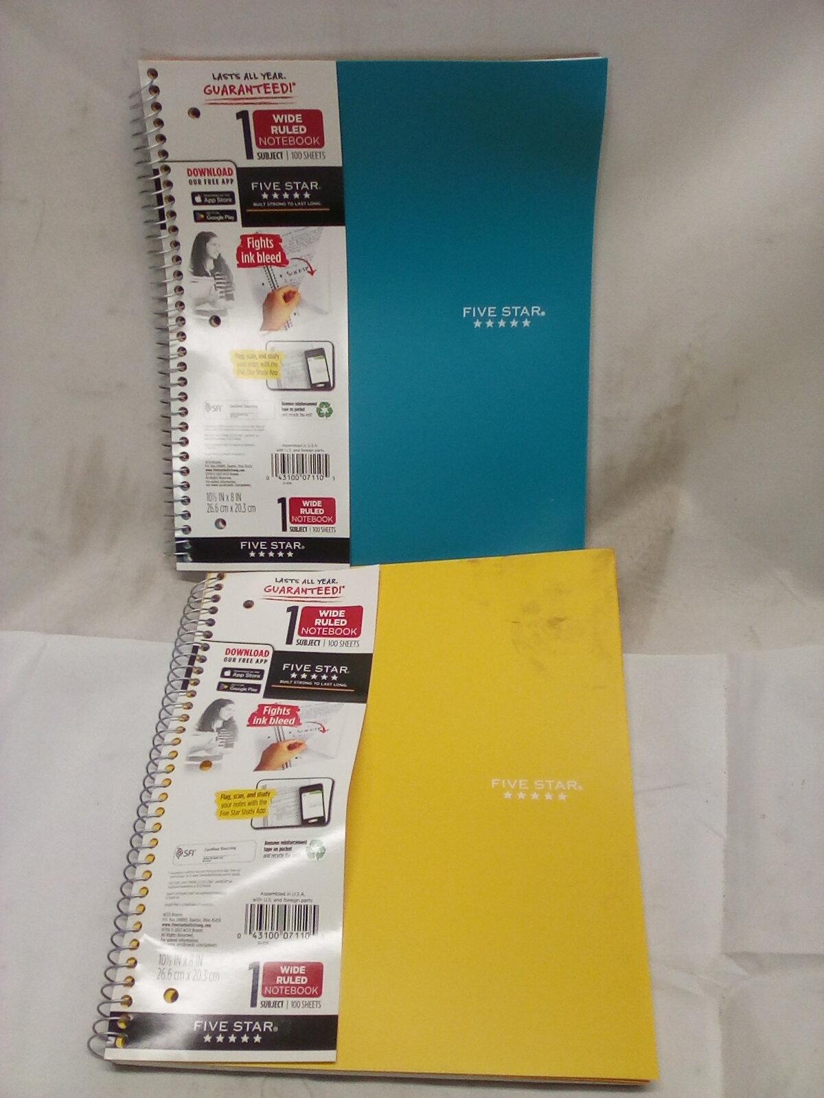 Qty 2 Five Star 1 Subject Wide Ruled Notebook 100 sheets