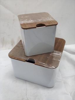 3Pc Set of White Metal Storage Tins w/ Wooden Lids (2 Small Are Stacked)