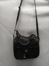 Black Stamped Italian Leather Decorative Saddle Top Purse w/ Strap