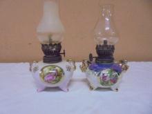 2 Vintage Porcelain Glass Chimney Minature Oil Lamps