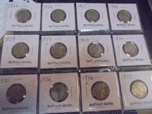 Group of 12 Assorted Date Buffalo Nickels