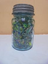 Vintage Blue Glass Ball Pint Jar Full of Marbles