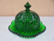 Vintage MCM Emerald Green Yutec Fan & Star Pattern Glass Butter Dish