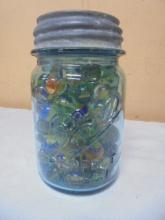 Vintage Blue Glass Pint Jar Full of Marbles
