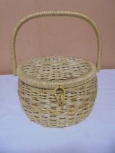 Round Wicker Sewing Basket Full of Sewing Supplies