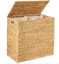 Large Water Hyacinth Double Hamper Basket w/ 2 Liner Bags- MSRP $142.99