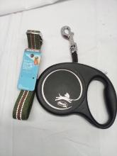 Flexi Retractable Black Leash/ Large Reflective Collar