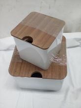 3Pc Set of White Metal Storage Tins w/ Wooden Lids (2 Small Are Stacked)