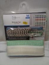 14pc Shower Set- Curtain, Liner,12 Hooks