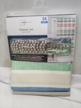 14pc Shower Set- Curtain, Liner,12 Hooks