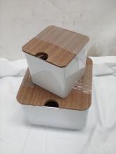 3Pc Set of White Metal Storage Tins w/ Wooden Lids (2 Small Are Stacked)