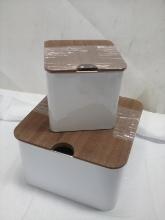 3Pc Set of White Metal Storage Tins w/ Wooden Lids (2 Small Are Stacked)