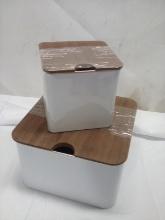 3Pc Set of White Metal Storage Tins w/ Wooden Lids (2 Small Are Stacked)